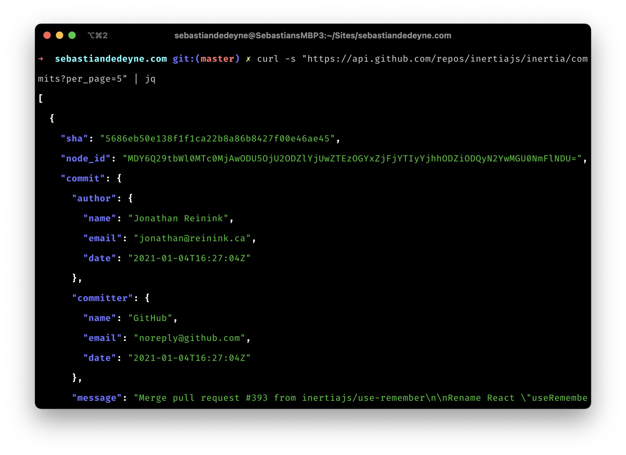 A curl request to the GitHub API piped through jq