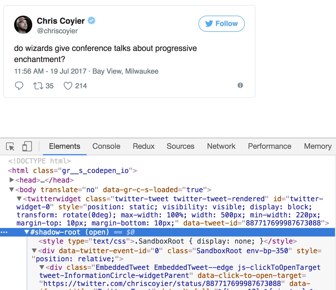 Embedded tweet Shadow DOM example