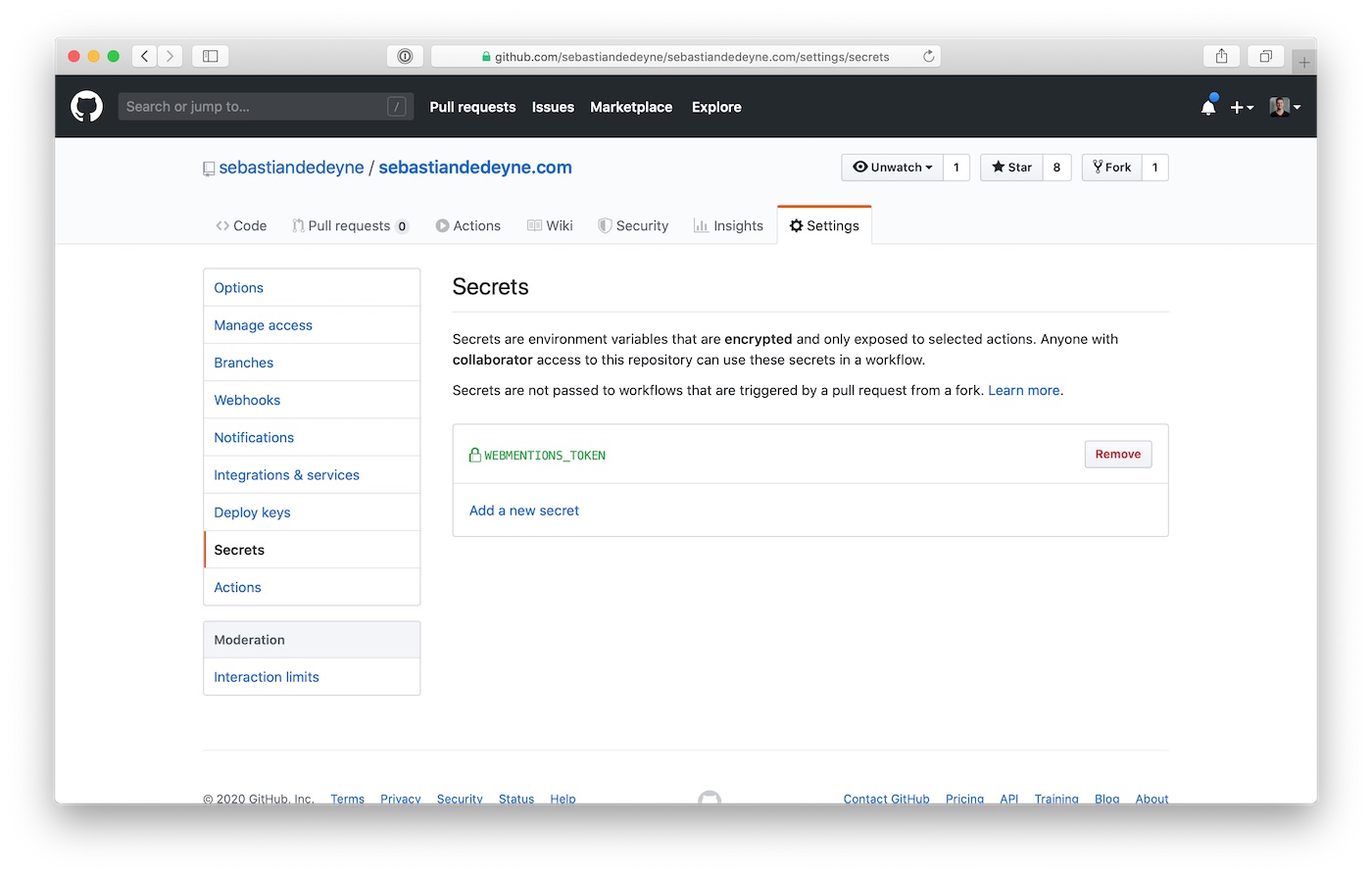 Screenshot of GitHub’s Secrets interface
